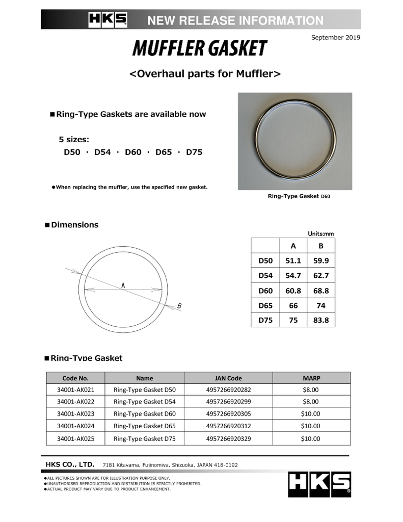 HKS Muffler Gasket 60.8mm ID 68.8mm OD